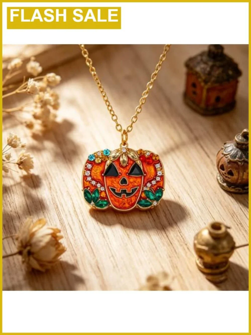 Rhinestone Pumpkin Pendant Necklace Gold-Tone Link Chain Halloween Thanksgiving